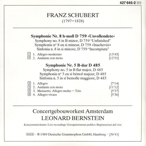 Franz Schubert - Concertgebouworkest • Leonard Bernstein - Symphonies Nos 5 & 8 « Inachevée » (CD d'occasion)