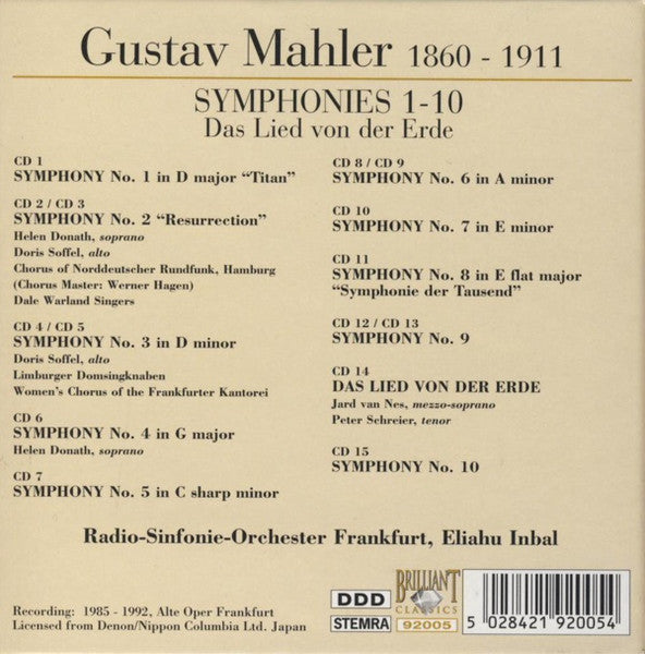 Gustav Mahler - Radio-Sinfonie-Orchester Frankfurt, Eliahu Inbal - Symphonies 1-10 / Das Lied Von Der Erde (CD d'occasion)