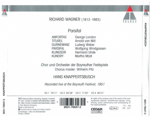 Richard Wagner - Wolfgang Windgassen, Martha Mödl, Ludwig Weber, George London (2), Hermann Uhde, Arnold van Mill, Hans Knappertsbusch - Parsifal - Bayreuth 1951 (tweedehands CD) - Velvet Music