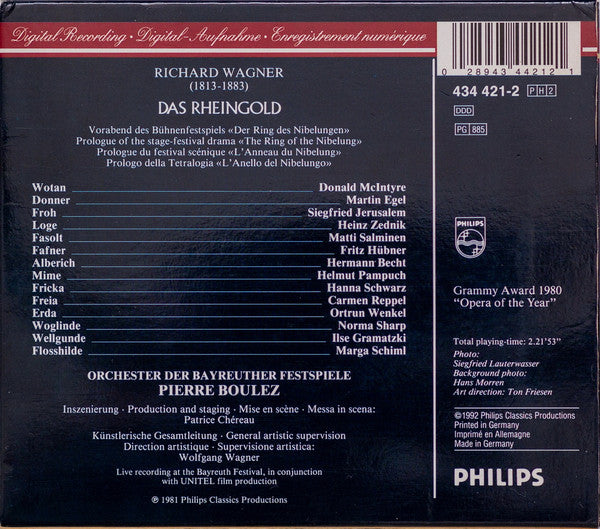 Richard Wagner - Donald McIntyre · Heinz Zednik · Hermann Becht · Hanna Schwarz · Orchester der Bayreuther Festspiele · Pierre Boulez - Das Rheingold (tweedehands CD) - Velvet Music