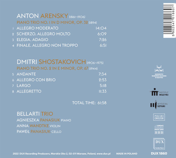 Bellarti Trio - Arensky: piano trio no.1, op. 32 & shostakovich: piano trio no.2, op. 67 (CD) - Velvet Music