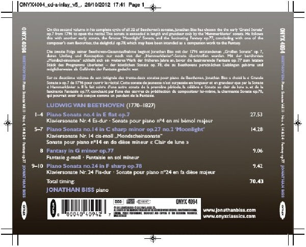 Jonathan Biss - Beethoven : sonates pour piano vol. 2 n° 4, 14 (CD)