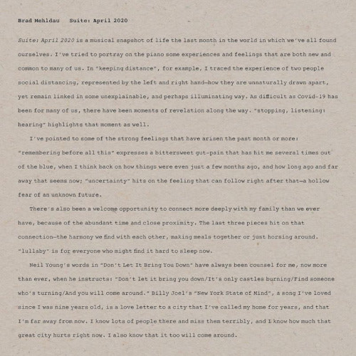 Brad Mehldau - Suite: april 2020 (LP) - Velvet Music