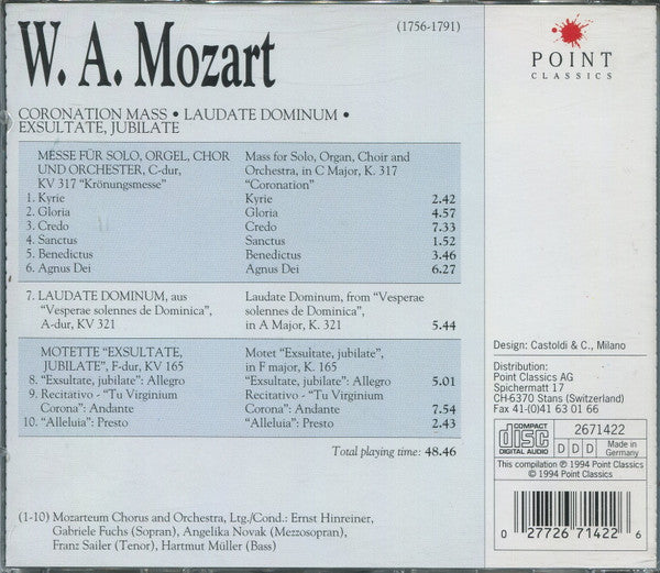 Wolfgang Amadeus Mozart : Der Mozarteumchor Salzburg And Das Mozarteum Orchester Salzburg, Ernst Hinreiner, Gabriele Fuchs, Angelika Novak, Franz Sailer, Hartmut Müller - Coronation Mass - Laudate Dominum - Exsultate, Jubilate (CD d'occasion)