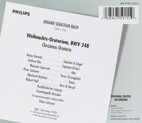 Johann Sebastian Bach - Helen Donath •  Marjana Lipovšek •  Eberhard Büchner •  Robert Holl •  Trompetenensemble Ludwig Güttler •  Rundfunkchor Leipzig •  Staatskapelle Dresden •  Peter Schre - Weihnachtsoratorium BWV 248 (CD)