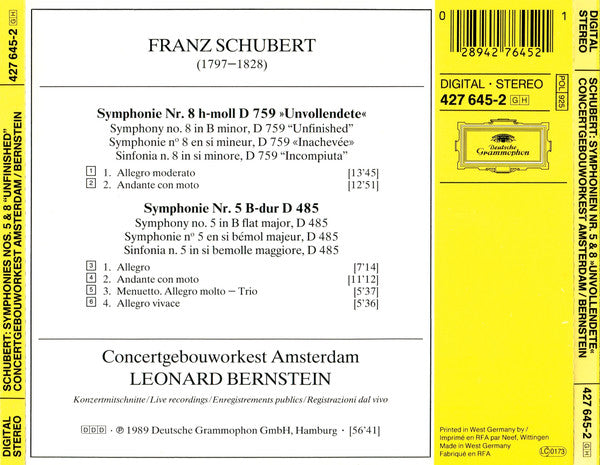 Franz Schubert - Concertgebouworkest • Leonard Bernstein - Symphonies Nos 5 & 8 « Inachevée » (CD d'occasion)