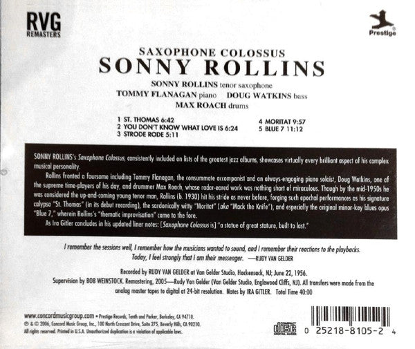 Sonny Rollins - Saxophone Colossus (CD) - Velvet Music